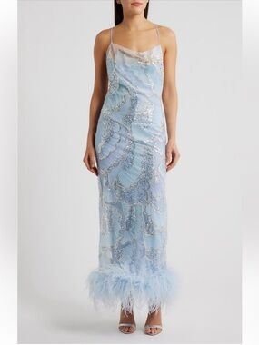 Delfi Collective Shani Sequin Ostrich Feather Hem Gown